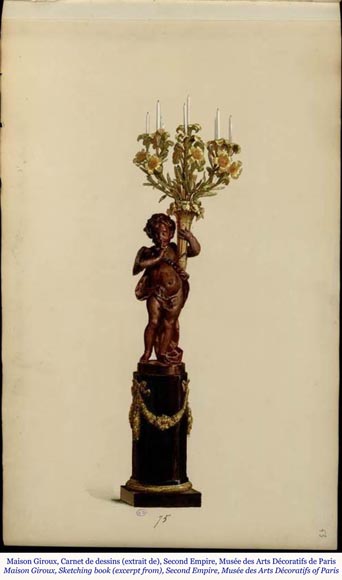 Auguste-Louis Marquis (bronzier) pour la Maison GIROUX - Paire de torchères à 9 lumières en bronze doré, argenté et patiné, vers 1855-1