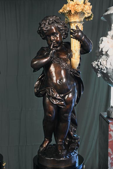 Auguste-Louis Marquis (bronzier) pour la Maison GIROUX - Paire de torchères à 9 lumières en bronze doré, argenté et patiné, vers 1855-3