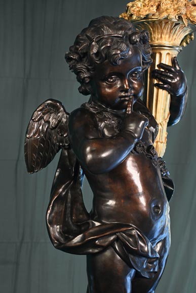 Auguste-Louis Marquis (bronzier) pour la Maison GIROUX - Paire de torchères à 9 lumières en bronze doré, argenté et patiné, vers 1855-4