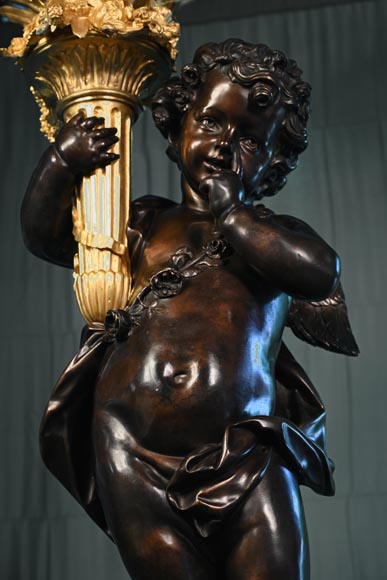 Auguste-Louis Marquis (bronzier) pour la Maison GIROUX - Paire de torchères à 9 lumières en bronze doré, argenté et patiné, vers 1855-6