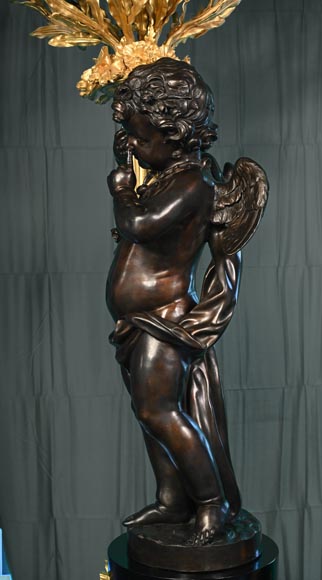 Auguste-Louis Marquis (bronzier) pour la Maison GIROUX - Paire de torchères à 9 lumières en bronze doré, argenté et patiné, vers 1855-7