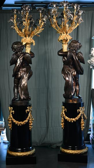 Auguste-Louis Marquis (bronzier) pour la Maison GIROUX - Paire de torchères à 9 lumières en bronze doré, argenté et patiné, vers 1855-26