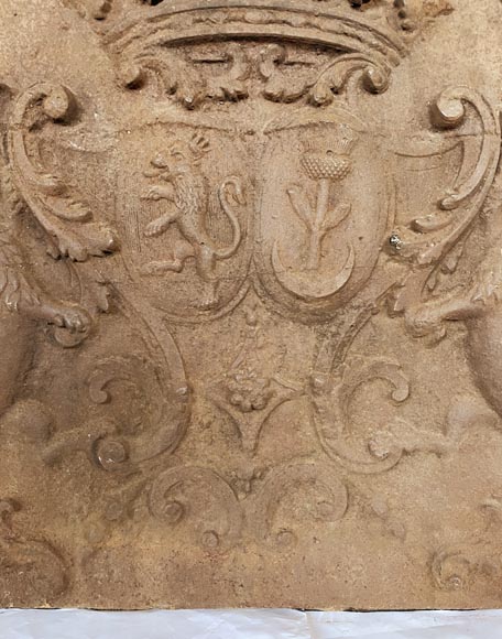 Plaque de cheminée ancienne aux écus d’alliance de Joseph-François de Montecler et Hyacinthe Menon de Turbilly, XVIIe siècle-3