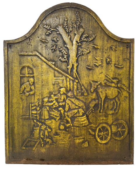 Plaque de cheminée au décor de scène paysanne-0