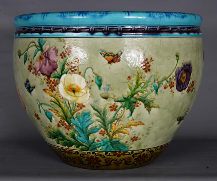 Théodore DECK (1823-1891), Cache-pot en céramique émaillée au décor japonisant, 1880-1890-1