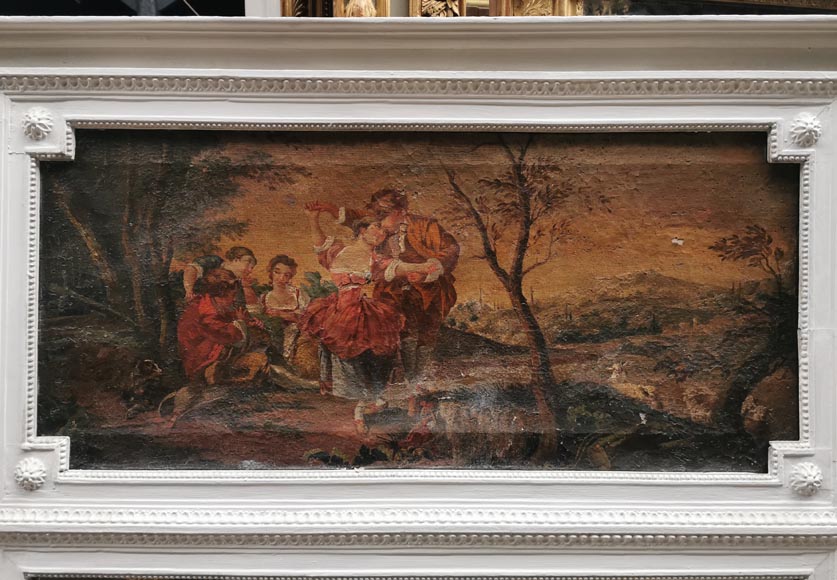 Petit trumeau de style Louis XVI avec huile sur toile représentant une scène galante-1