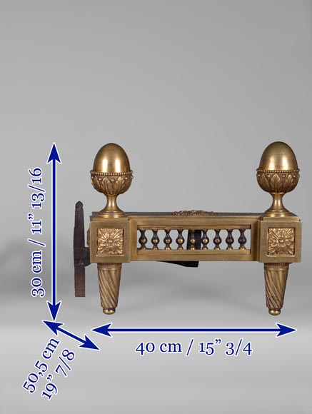 BOUHON: Paire de chenets de style Louis XVI en bronze doré aux pommes de pin stylisées-8