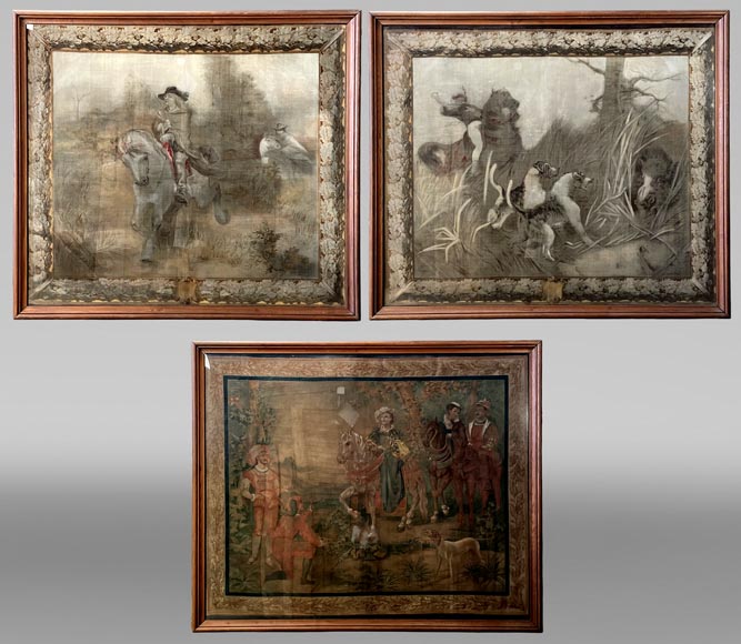 René PRINCETEAU (1843-1914) (d'après), signé G. A. Loron, suite de trois scènes de chasse à l'imitation de la tapisserie René PRINCETEAU (1843-1914) (d'après), signé G. A. Loron, suite de trois scènes de chasse à l'imitation de la tapisserie-0