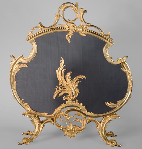Pare-étincelle de style Louis XV en bronze doré au décor végétal-0