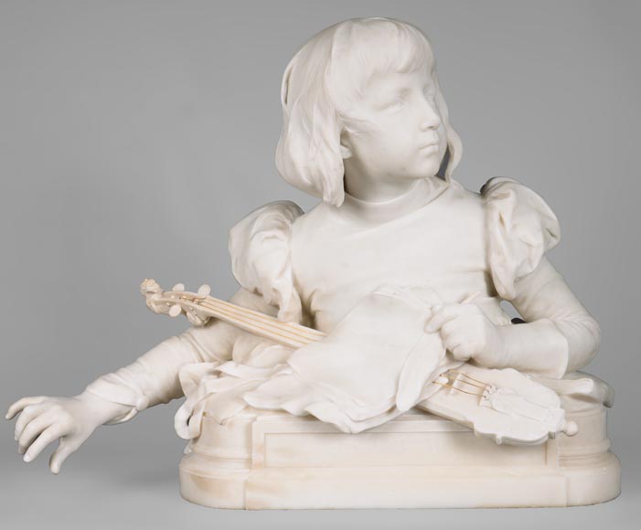 René ROZET, « Jeune musicien à la mandoline » Sculpture en marbre de Carrare, fin du XIXe siècle-0