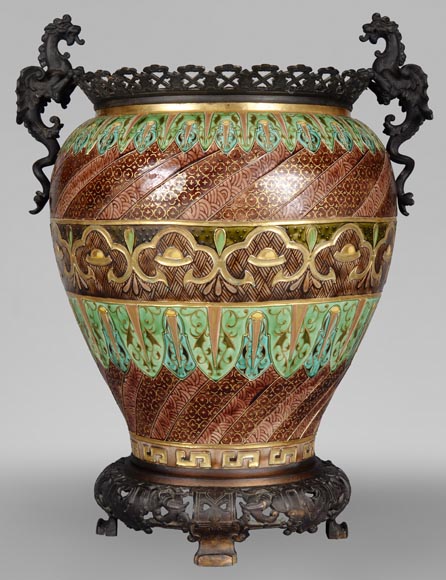 Vase Ou Urne Antique En Bronze - Scène De Dragon Et Putto - Hauteur 11,5 Pouces - Italien