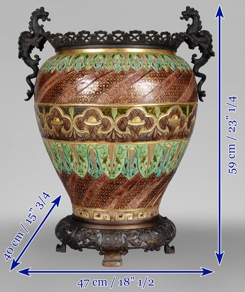 Fernand THESMAR, Grand vase chinoisant à monture en bronze au dragon-12
