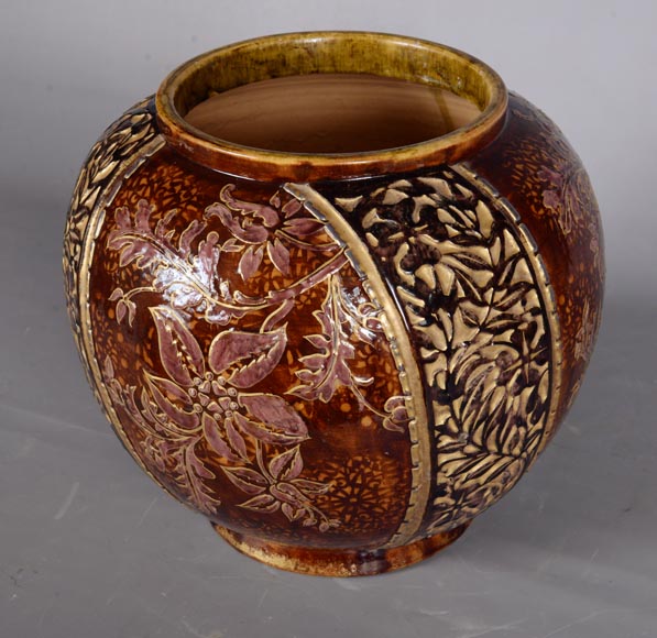 Fernand THESMAR, Cache pot en céramique émaillée au décor floral-4
