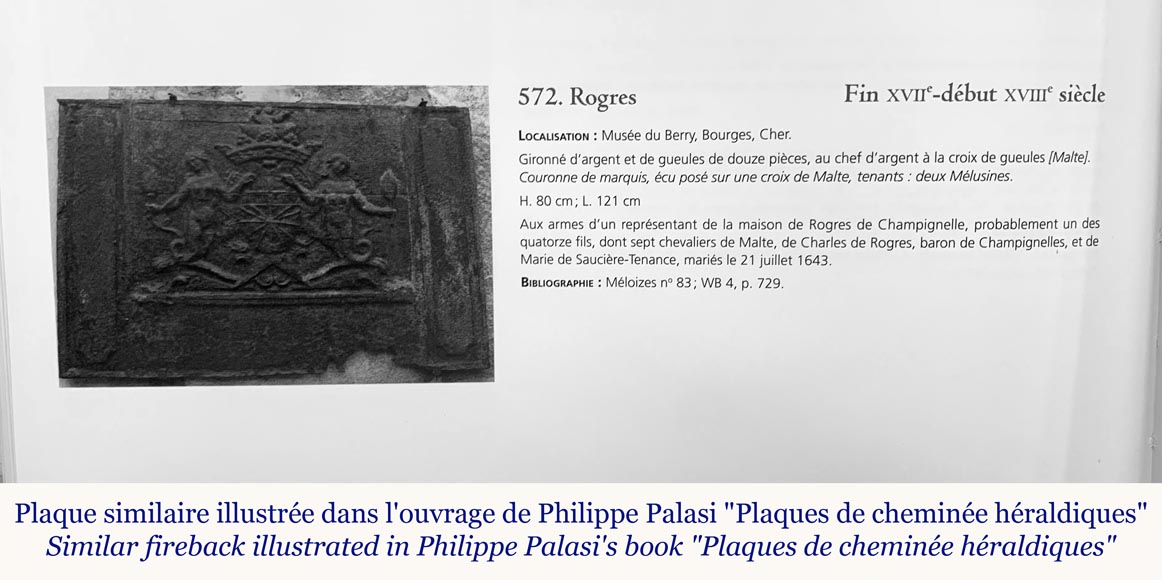 Plaque de cheminée aux armes d'un représentant de la maison de Rogres Champignelle, XVIIIe siècle-1