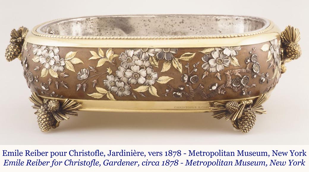 CHRISTOFLE - Exceptionnelle jardinière en cuivre galvanique  à décor partiellement cuivré, doré, argenté et patiné sur fond argent, vers 1878-2