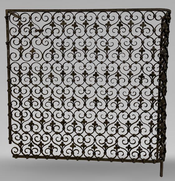 Grille de radiateur en fer forgé ornée de volutes et de fleurs de lys-0