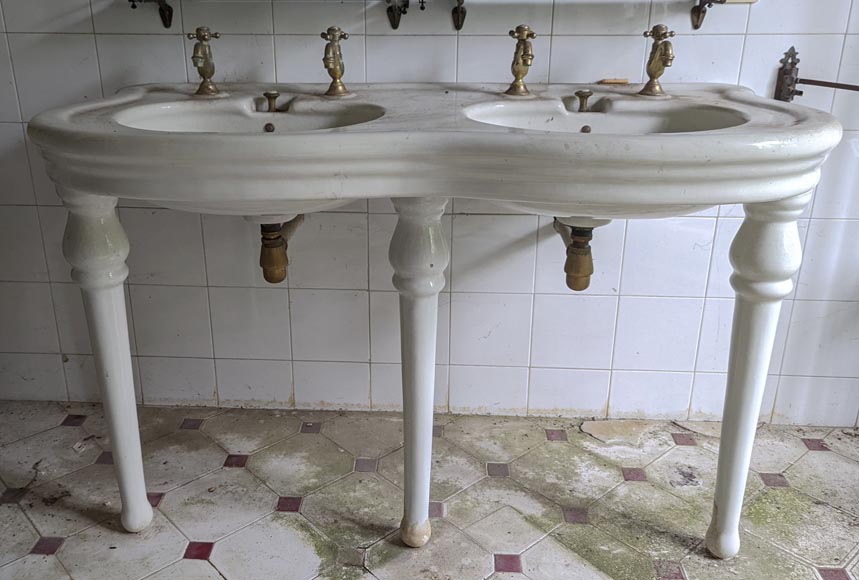 Lavabo sur pied à double vasque en faïence-2