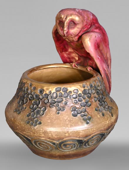Vase Amphora En Céramique Style Art Déco - Décor De Fleurs émaillées - Occasion (petit éclat)