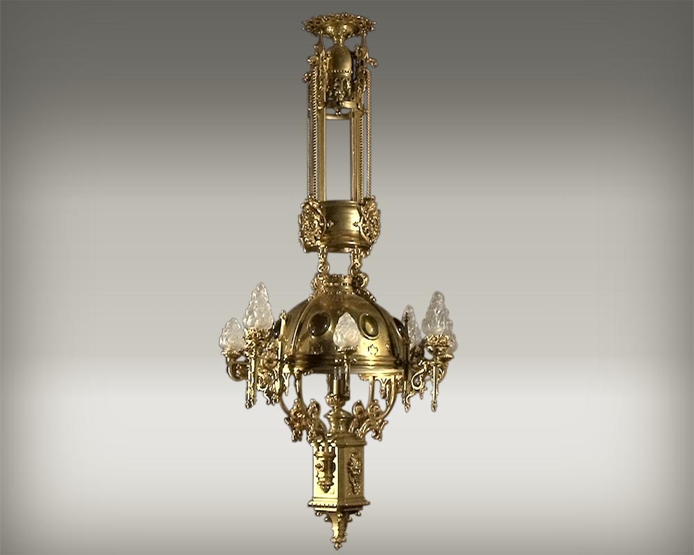 Lustre Napoléon III à 2 feux, suspension, plafonnier en beau bronze doré, propre Napoleon - Vendu