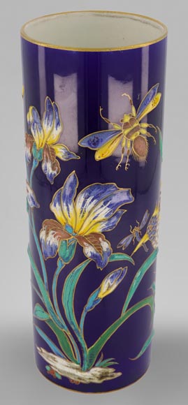 Manufacture de Longwy - Vase rouleau à décor émaillé en relief d'iris et insectes sur fond bleu de Sèvres, vers 1890-0
