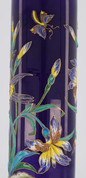 Manufacture de Longwy - Vase rouleau à décor émaillé en relief d'iris et insectes sur fond bleu de Sèvres, vers 1890-5