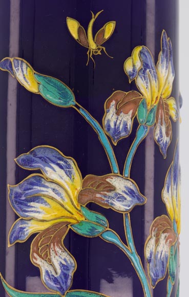 Manufacture de Longwy - Vase rouleau à décor émaillé en relief d'iris et insectes sur fond bleu de Sèvres, vers 1890-9