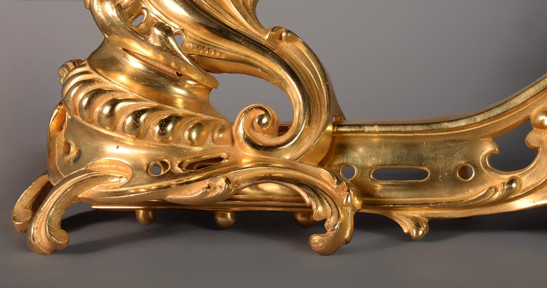 Belle barre de chenets de style Louis XV en bronze doré-3