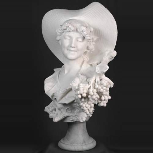 F. SAUL, Jeune fille au chapeau dans les vignes, buste sculpté en marbre de Carrare