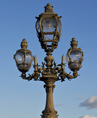 View of lanterns of Alexandre III bridge, Paris, France, 1897-1900.