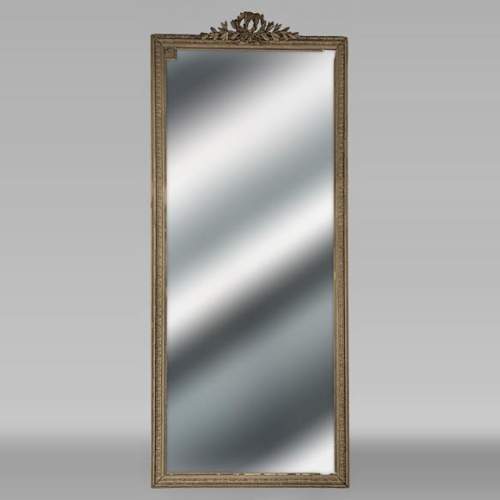 Grand trumeau de style Louis XVI avec double couronne de laurier, peinture couleur bronze