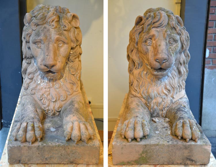 Paire de statues de lion en terre cuite, XVIIIe siècle-3