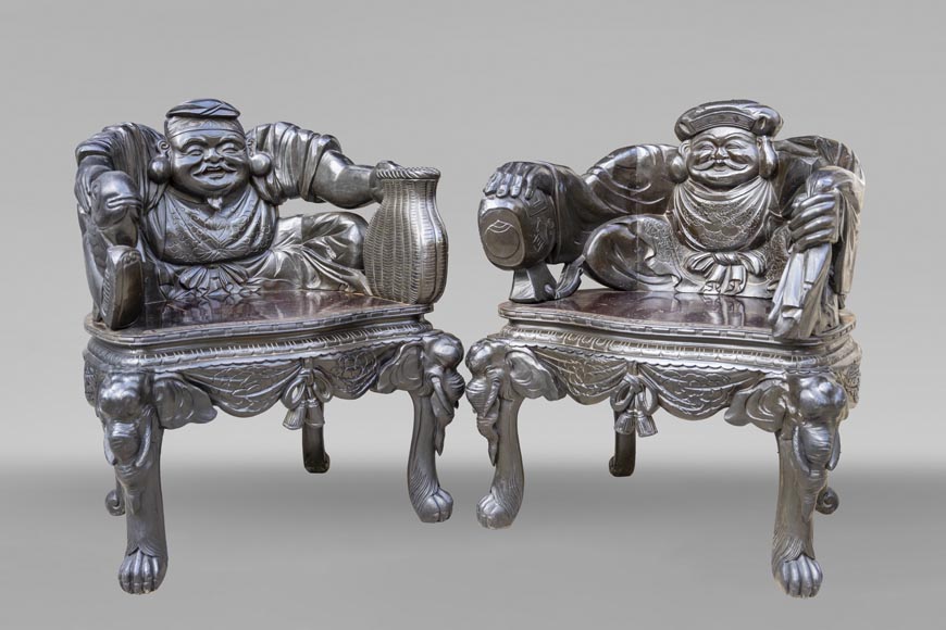 Paire de fauteuils japonais sculptés – Ebisu et Daikoku-0