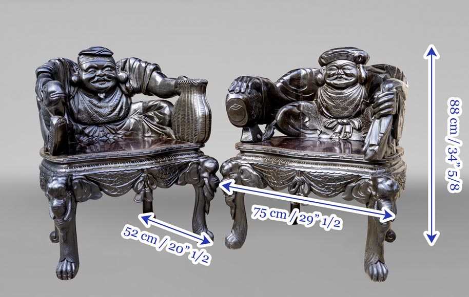 Paire de fauteuils japonais sculptés – Ebisu et Daikoku-9