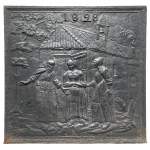 Plaque de cheminée datée de 1828 représentant une scène tirée du conte «L’Ermite  ou Frère Luce » de La Fontaine