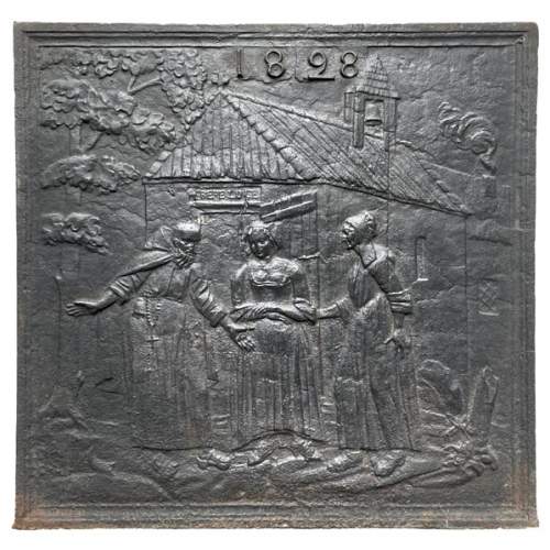 Plaque de cheminée datée de 1828 représentant une scène tirée du conte «L’Ermite  ou Frère Luce » de La Fontaine