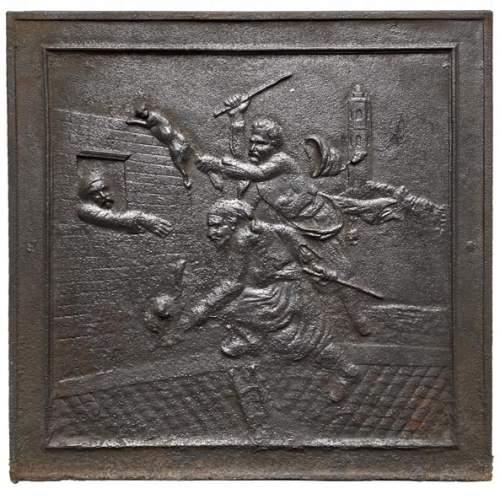Plaque de cheminée du XIXe siècle représentant une scène de poursuite d’un chat probablement tirée d’un conte
