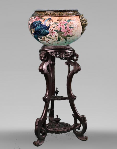 Le vase au Ara royal peint par Albert-Léon LEBARQUE et sa sellette d’origine.-0