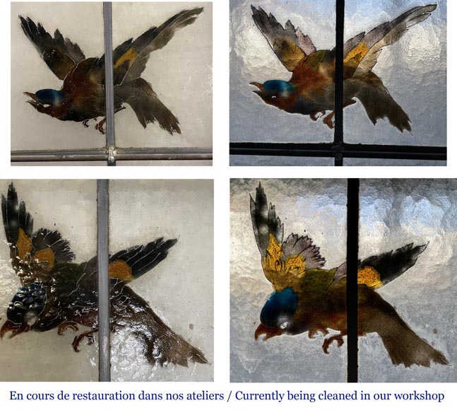 Porte quadruple coulissante aux vitraux ornés d'oiseaux et de végétaux-7