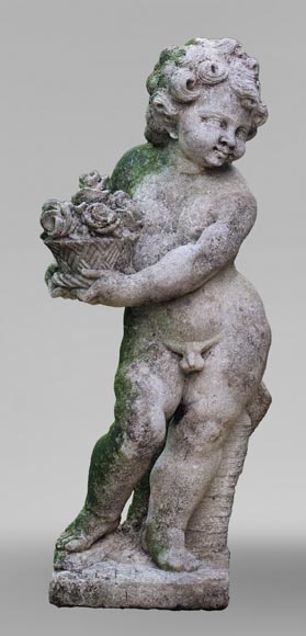 Sculpture d’un putto au panier fleuri en pierre de Florence-0