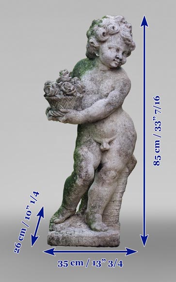 Sculpture d’un putto au panier fleuri en pierre de Florence-5