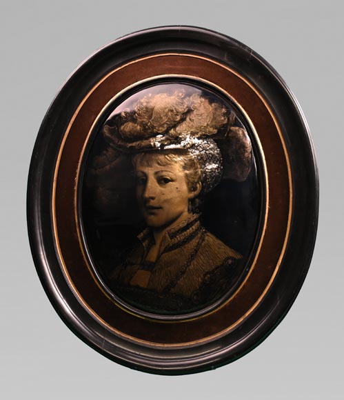 Gravure XIXe femme à l'Antique accompagnée d'am