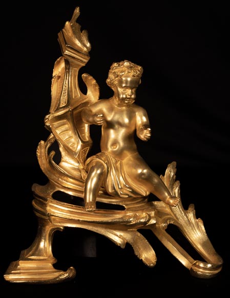 Paire de chenets de style Louis XV à décor de putti-1