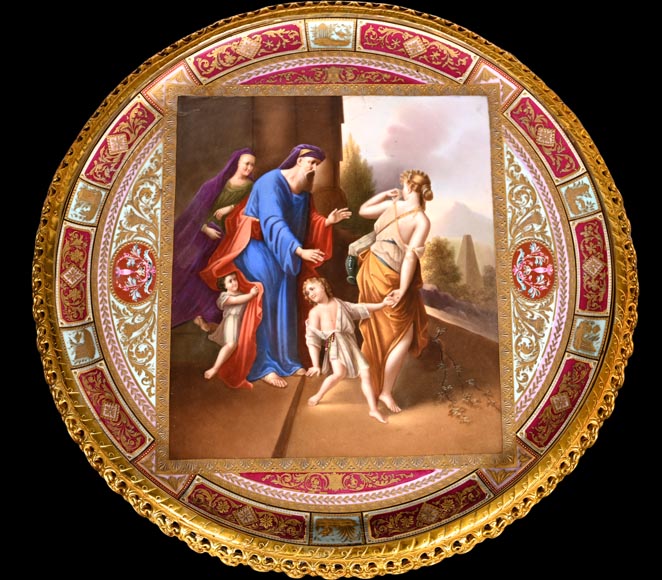 Guéridon en bronze doré avec plaque en porcelaine peinte, d’après Adrian VAN DER WERFF, 