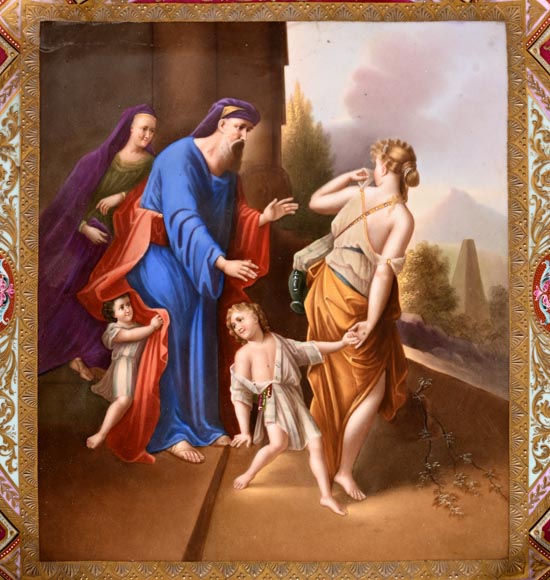 Guéridon en bronze doré avec plaque en porcelaine peinte, d’après Adrian VAN DER WERFF, 