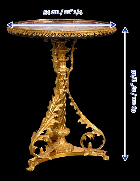 Guéridon en bronze doré avec plaque en porcelaine peinte, d’après Adrian VAN DER WERFF, 