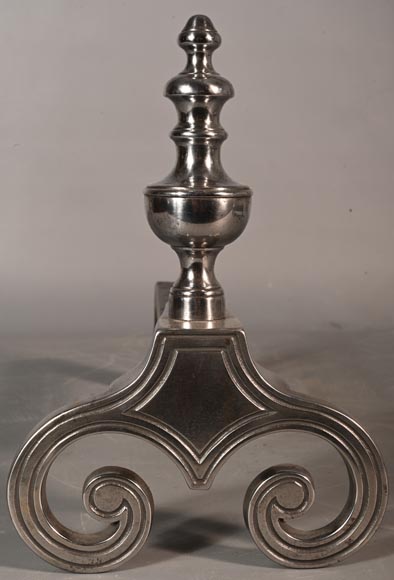 Paire de chenêts en bronze poli, XIXe siècle-4