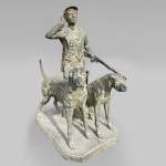 Chasseur et ses deux chiens, statue de parc en bronze à patine verte