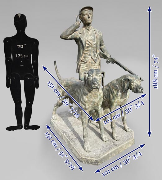 Chasseur et ses deux chiens, statue de parc en bronze à patine verte-13
