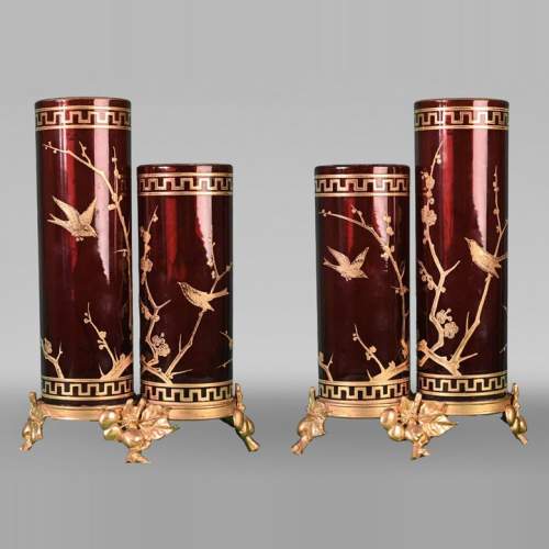 BACCARAT, paire de doubles vases au décor japonisant, vers 1880