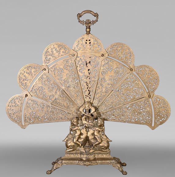 Grand pare-étincelles en éventail de style Napoléon III à décor de dauphins et putti-0
